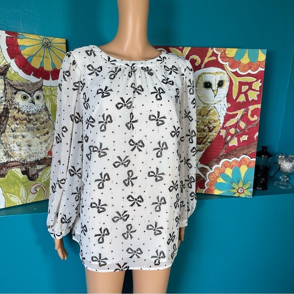 Talbots Blouse Plus Size Women's XL Sheer Long Sleeve Black White Bow Print - Picture 6 of 10